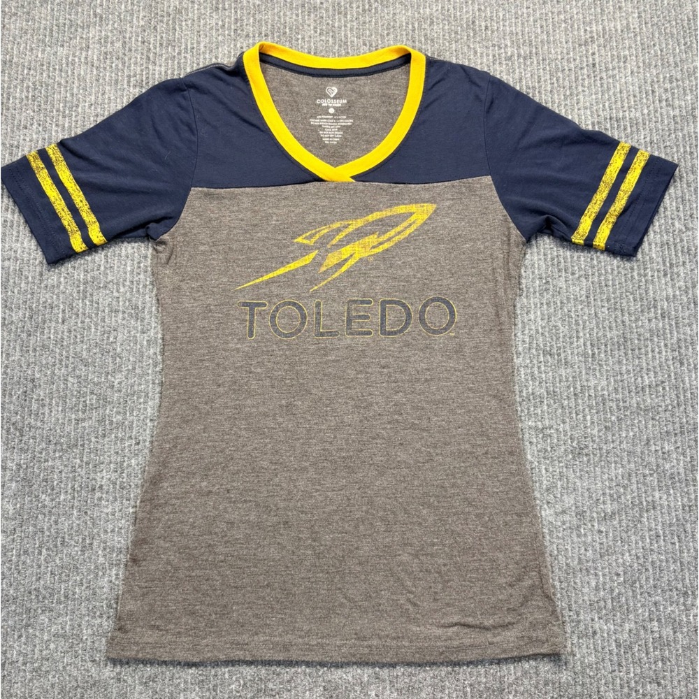 Colosseum University of Toledo Rockets V-Neck Shirt Small Gray Navy Gold NCAA